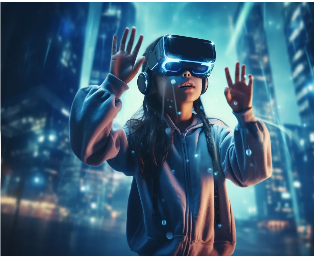 A young girl experiencing immersive virtual reality, symbolizing innovation and digital transformation.