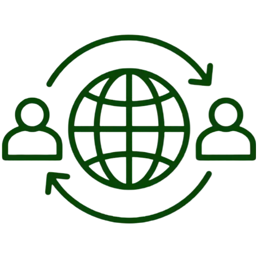 B2B web design icon featuring a globe and two connected users, symbolizing business-to-business digital connections.